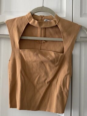 Zara Knit Cutout Top Camel Brown Fitted Sleeveless High Neck Size S